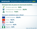 Box 2: Participação do Brasil no mercado global (importação) - 1,25%. Principais itens da pauta de exportação brasileira: Produtos agrícolas - 5,9%; Combustíveis e mineração - 22,5%; Manufaturas - 71,6%. Principais vendedores para o Brasil: União Europeia - 20,4%; China - 16,3%; EUA - 15,4%; Argentina - 6,2%; Nigéria - 4,1%.